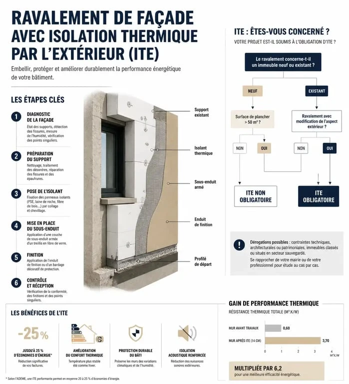 Infographie sur les obligations légales et l'isolation thermique lors d'un ravalement de façade