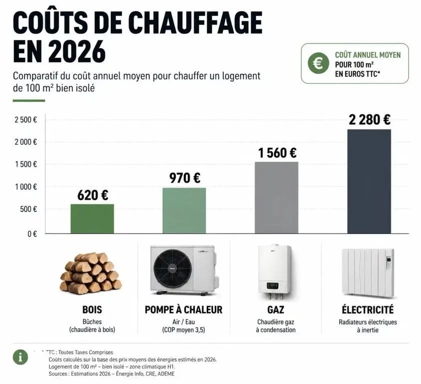 Infographie comparative des coûts de chauffage en 2026 pour identifier le chauffage le moins cher