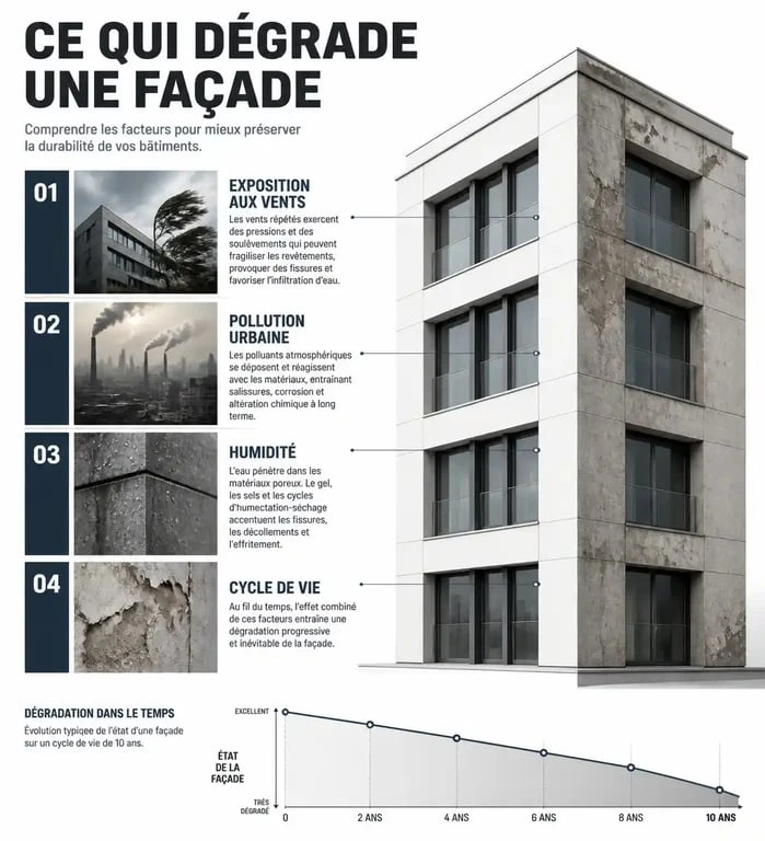 Infographie sur les facteurs de dégradation et la périodicité du ravalement de façade tous les 10 ans