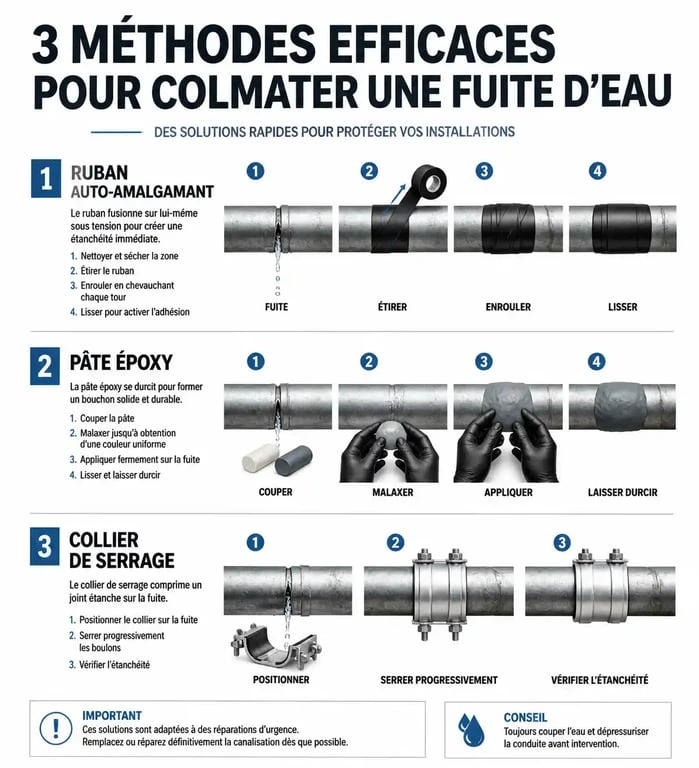 Infographie des méthodes pour colmater une fuite d'eau sous pression : ruban, époxy et collier