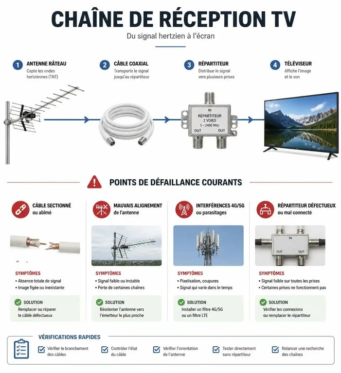 Schéma explicatif du dépannage antenne TV : diagnostic des pannes de réception hertzienne