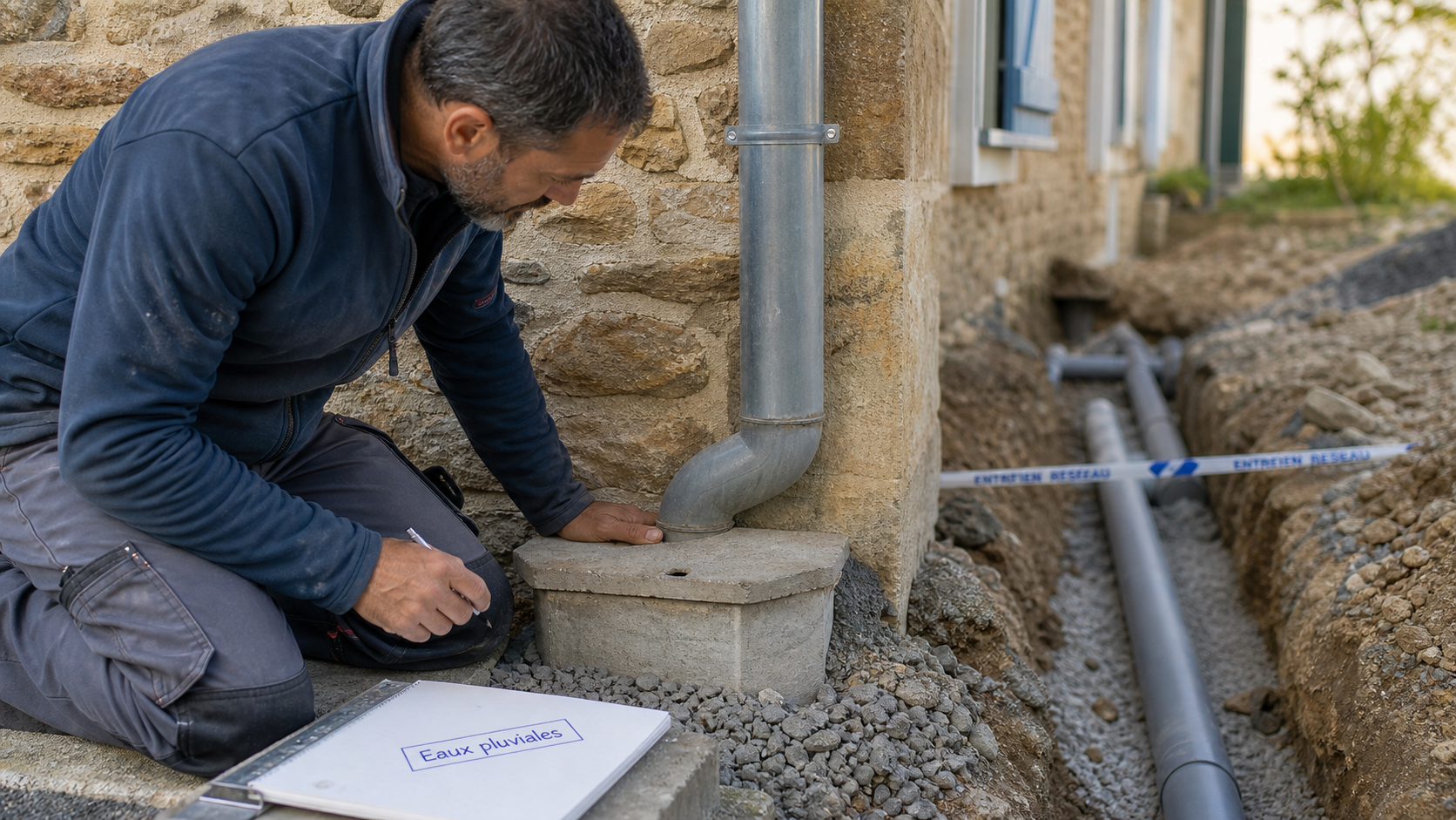 Évacuation eaux pluviales : technicien vérifie gouttière et descente