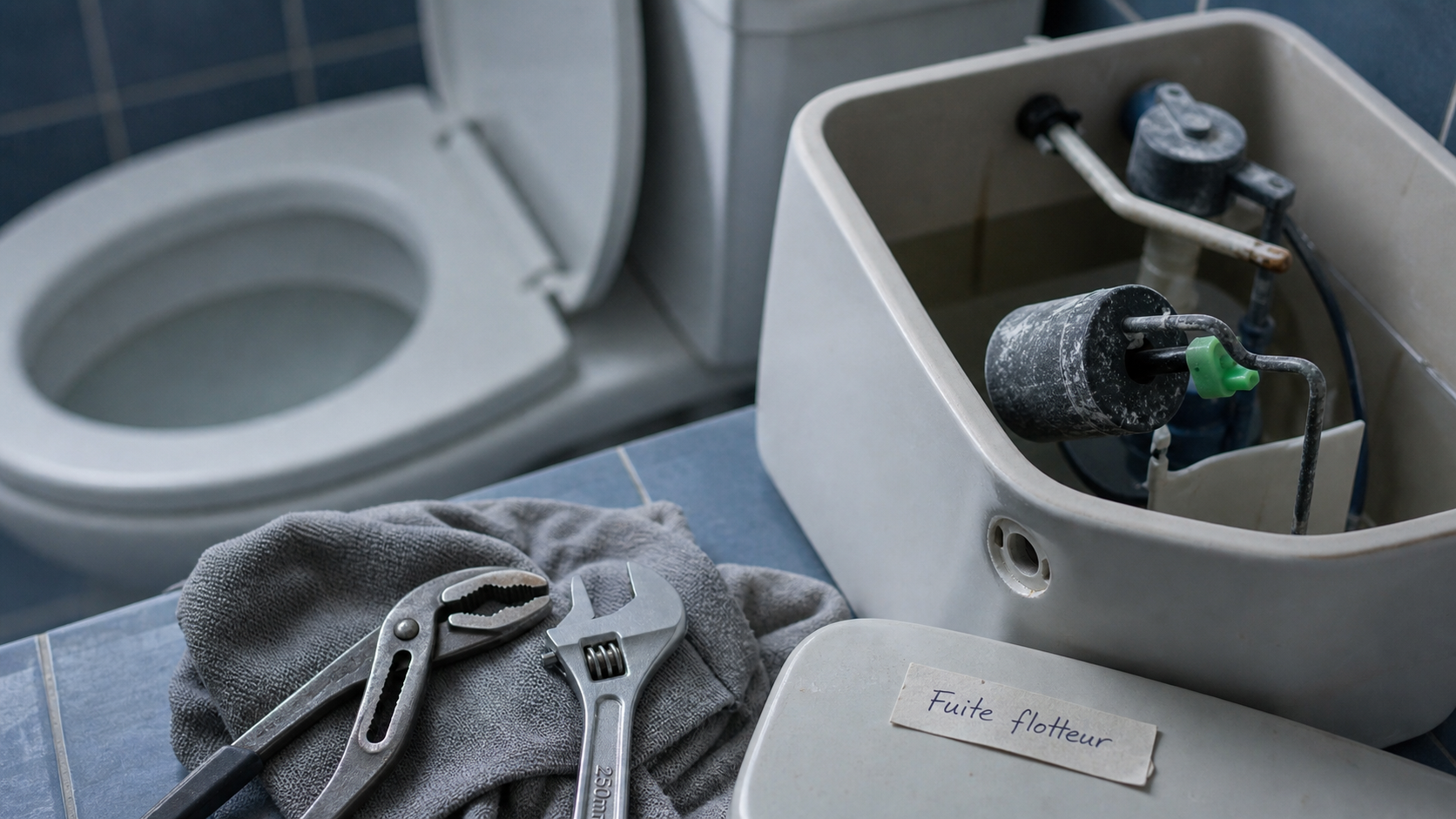 Fuite flotteur WC : réservoir ouvert et flotteur démonté