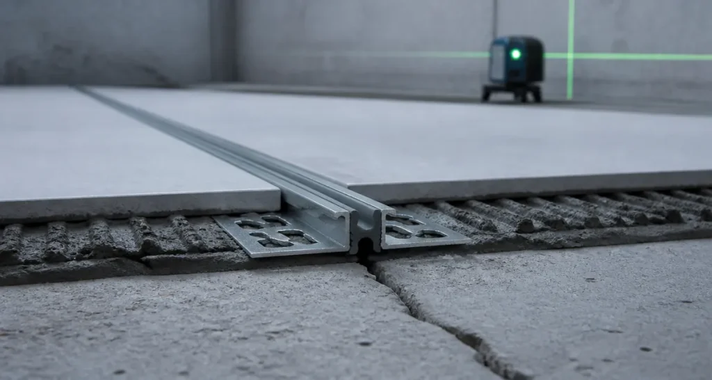 Joint dilatation carrelage avec profilé aluminium gris zinc intégré sous les carreaux