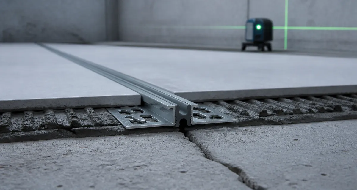 Joint dilatation carrelage avec profilé aluminium gris zinc intégré sous les carreaux
