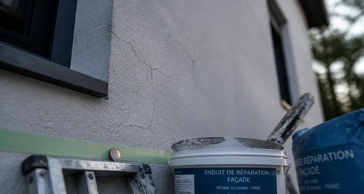 Micro fissure crépi extérieur sur façade, près d’un angle de fenêtre