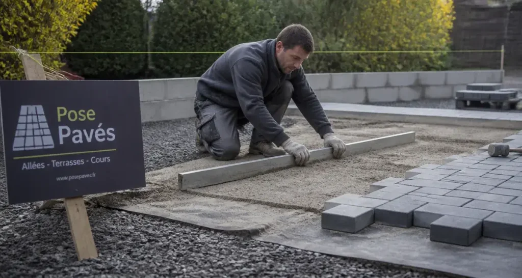 Pavé autobloquant pose : ouvrier règle le lit de sable sur géotextile