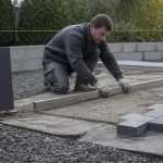Pavé autobloquant pose : ouvrier règle le lit de sable sur géotextile