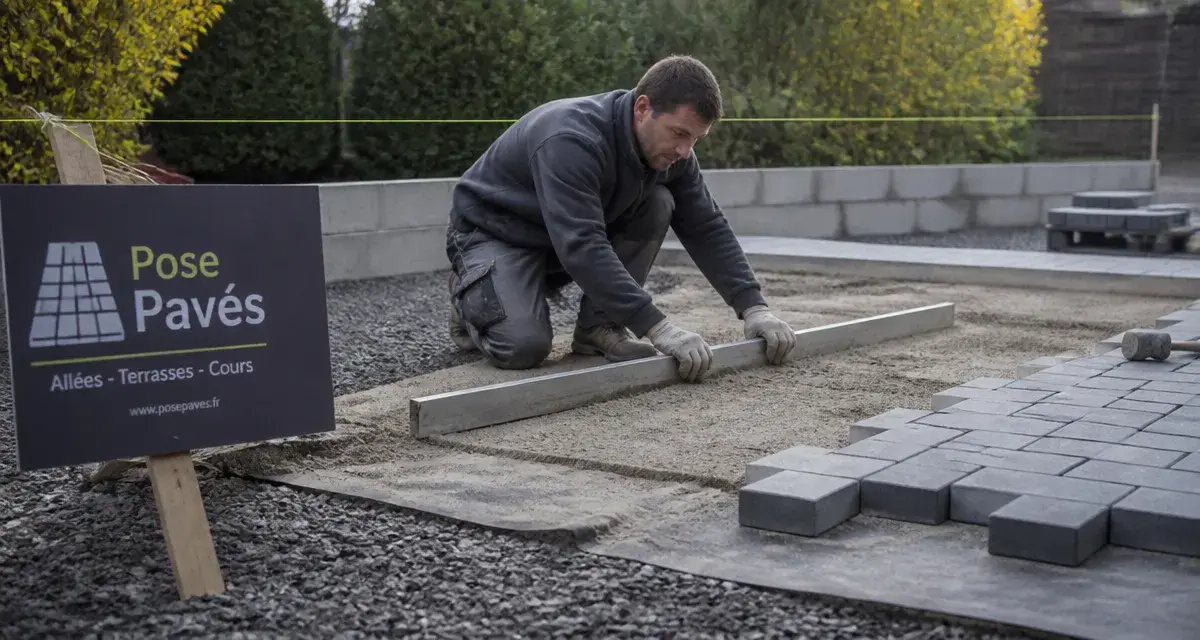 Pavé autobloquant pose : ouvrier règle le lit de sable sur géotextile