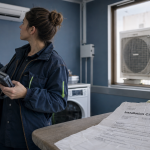 Prix clim réversible : technicien devant clim réversible et devis