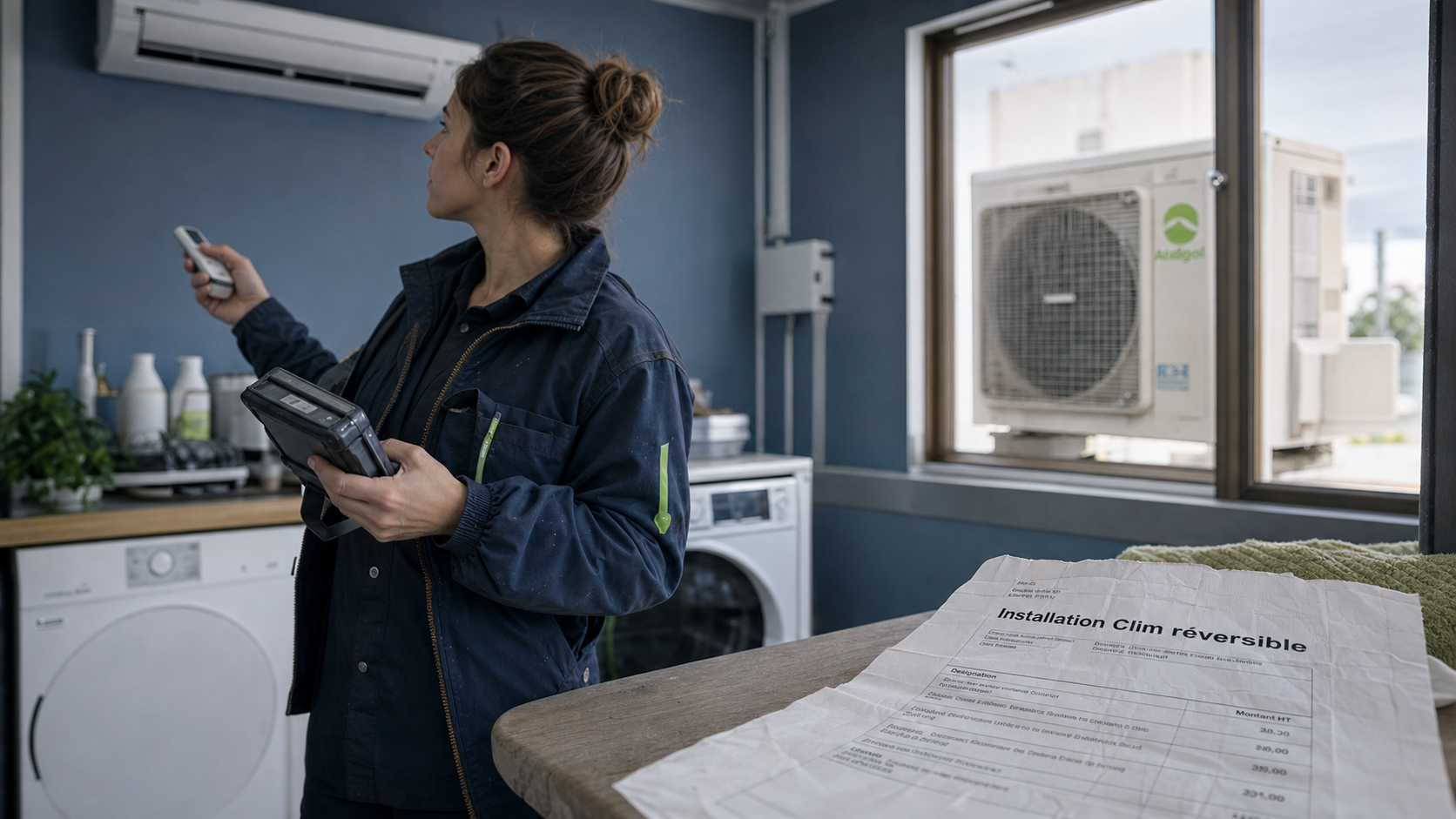 Prix clim réversible : technicien devant clim réversible et devis