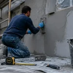 Prix crepi prix m2 façade en 2024, enduit frais sur façade avec échafaudage