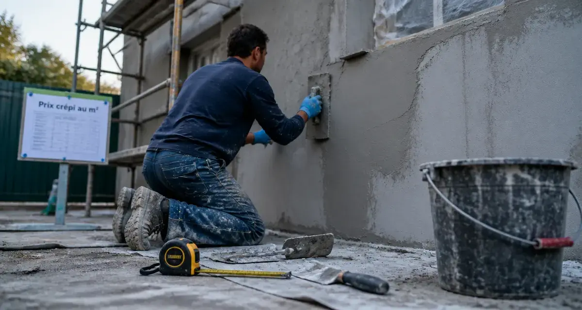 Prix crepi prix m2 façade en 2024, enduit frais sur façade avec échafaudage