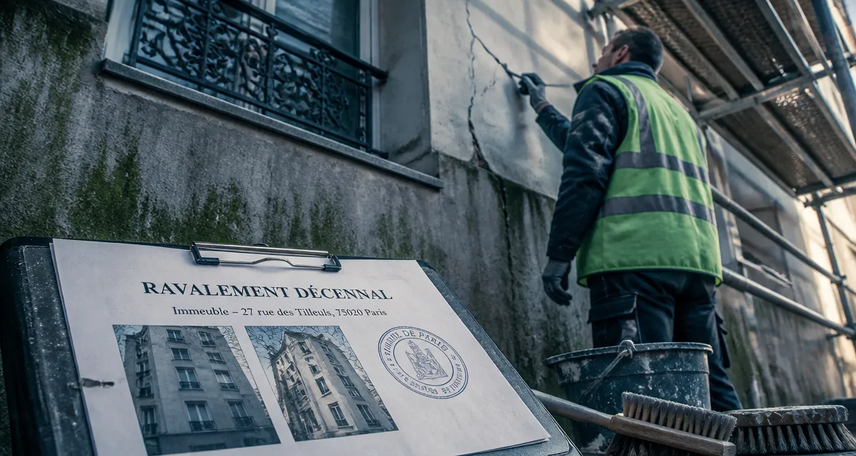 Ravalement de façade tous les combien : contrôle fissures sur échafaudage