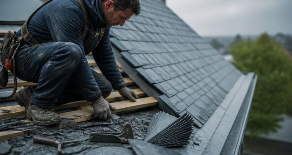 Schéma pose ardoise : couvreur sur toiture, ardoises et lattage pour une étanchéité durable