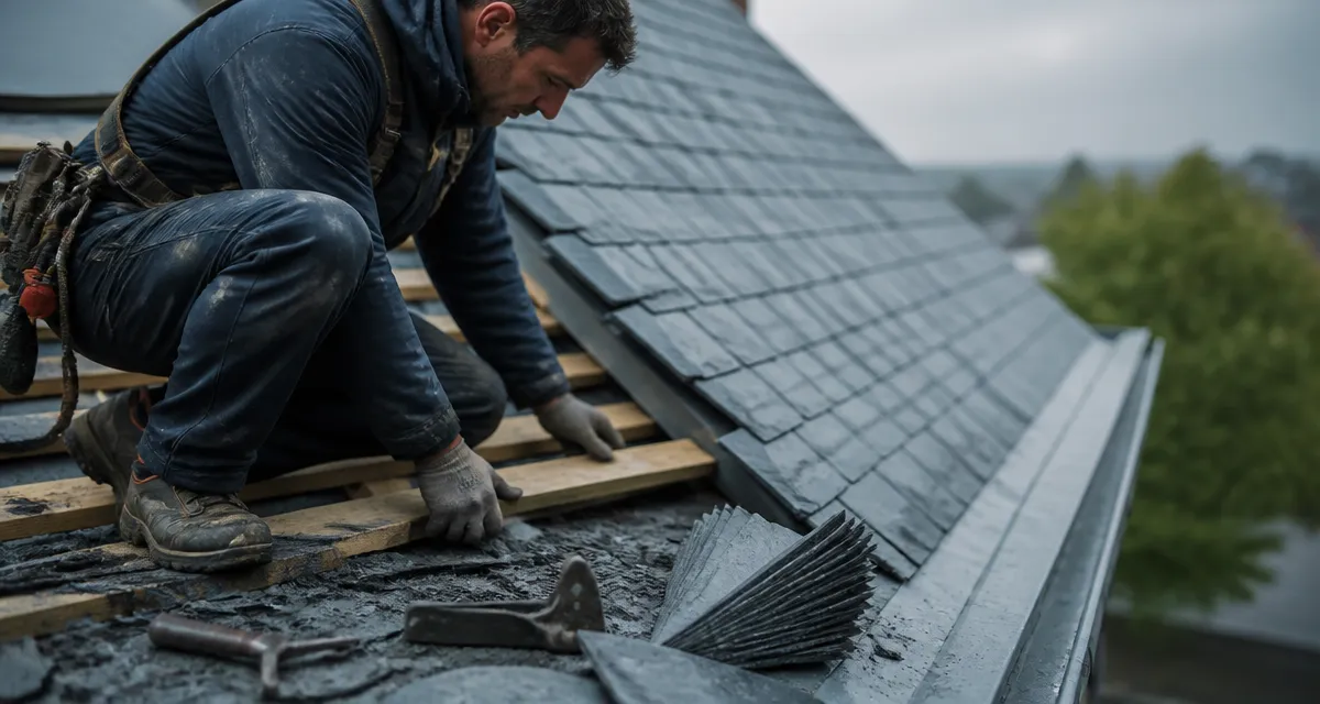 Schéma pose ardoise : couvreur sur toiture, ardoises et lattage pour une étanchéité durable