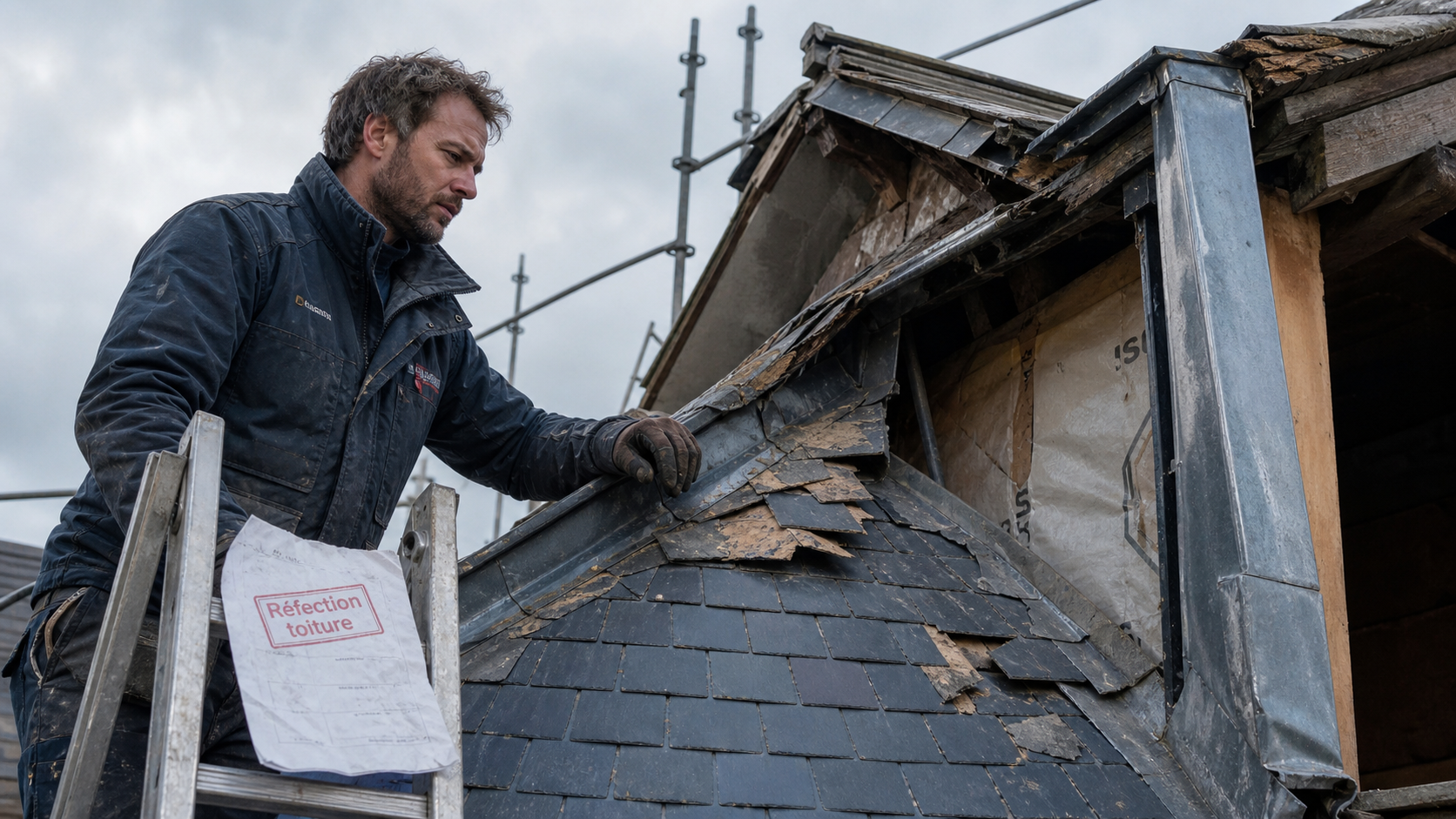 Toiture à refaire : couvreur examine tuiles et faîtage cassés