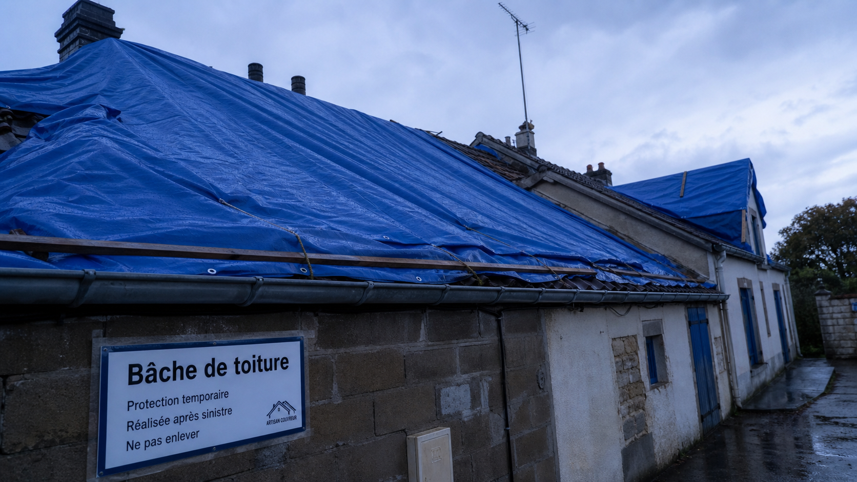 Toiture en bâche PEHD tendue pour mise hors d’eau après sinistre