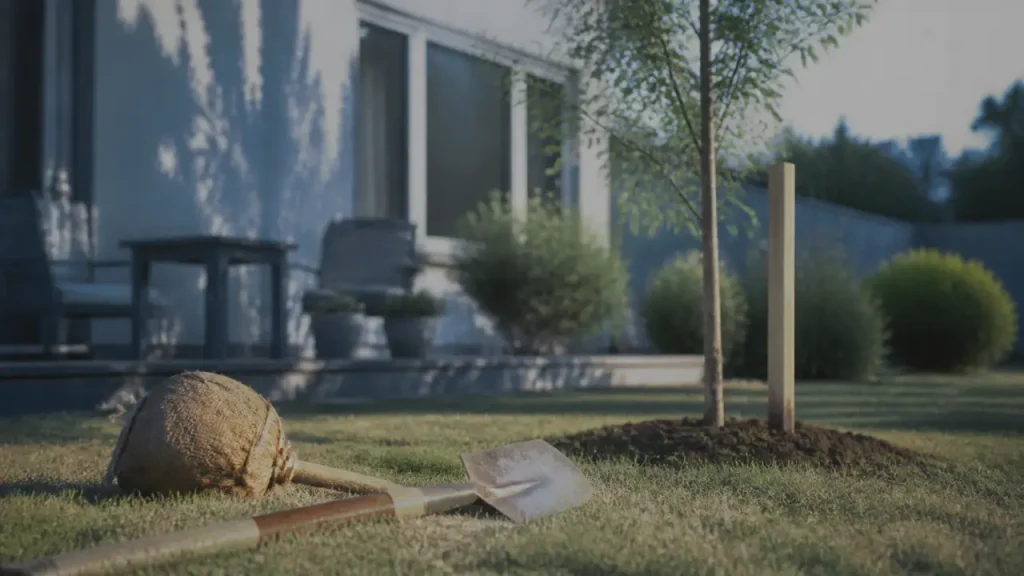Arbre a planter : jeune arbre planté dans un jardin, ombre future