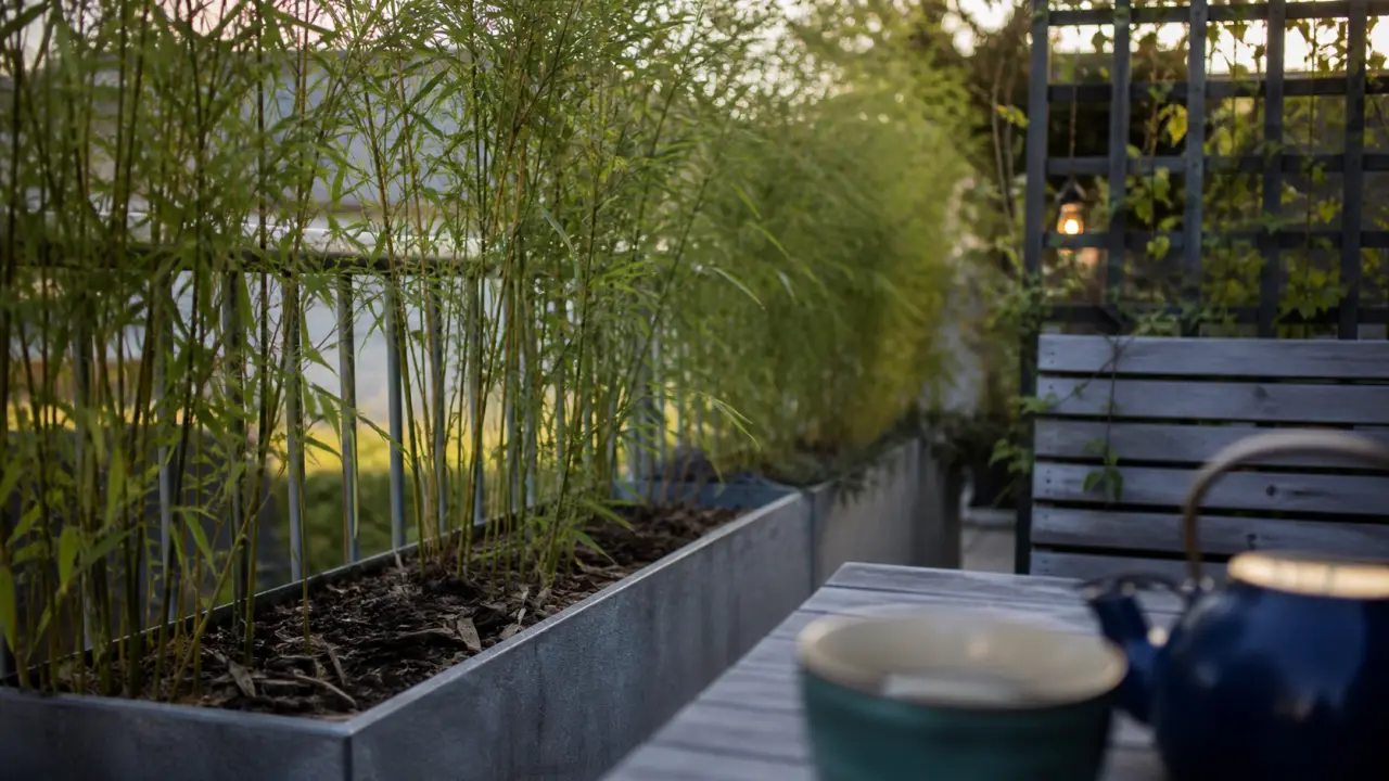 Brise vue plante : bambou non traçant et grimpante sur rambarde de terrasse