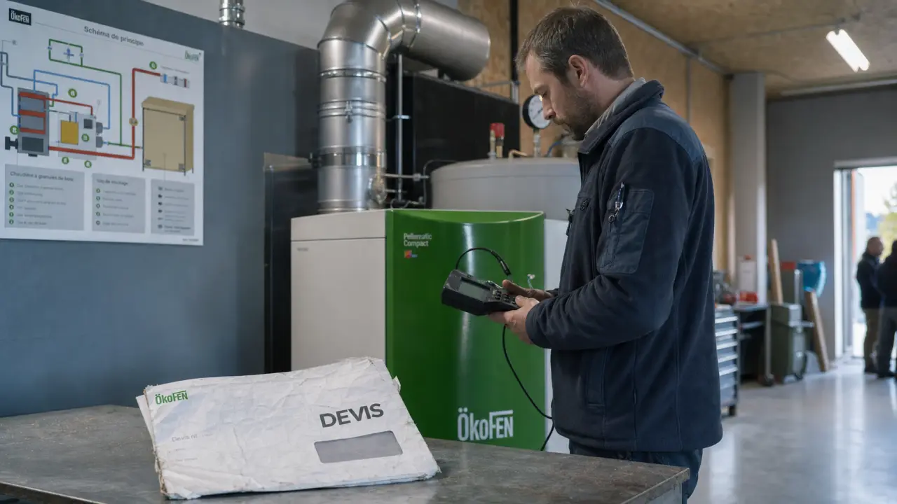 Chauffage écologique : technicien mesure chaudière biomasse et schéma solaire