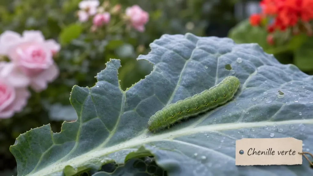 Chenille verte dangereuse sur feuille de chou