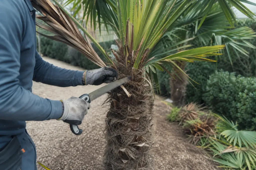 Comment tailler les palmiers : couper une palme sèche sans toucher les palmes vertes et le bourgeon terminal