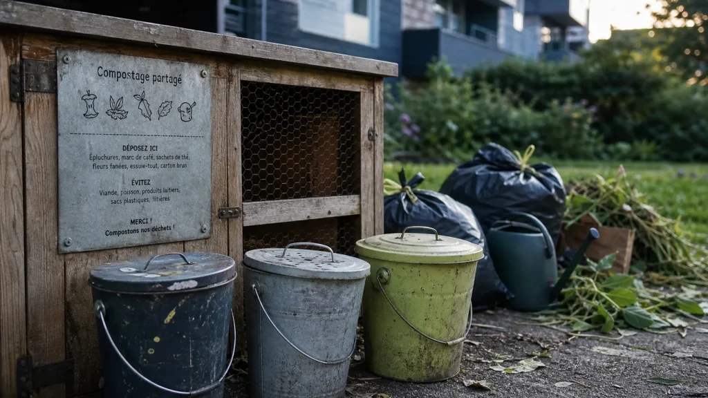 Compostage collectif : composteur partagé avec bioseaux cabossés