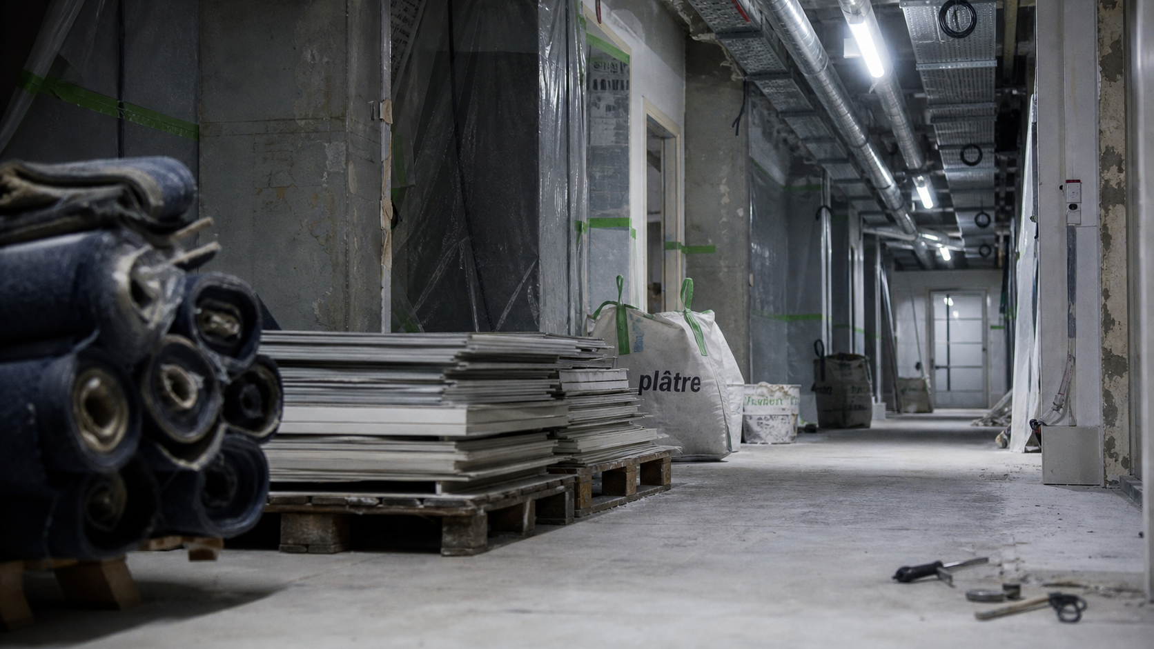 Curage batiment : chantier ancien, plafonds et moquette déposés, structure porteuse conservée