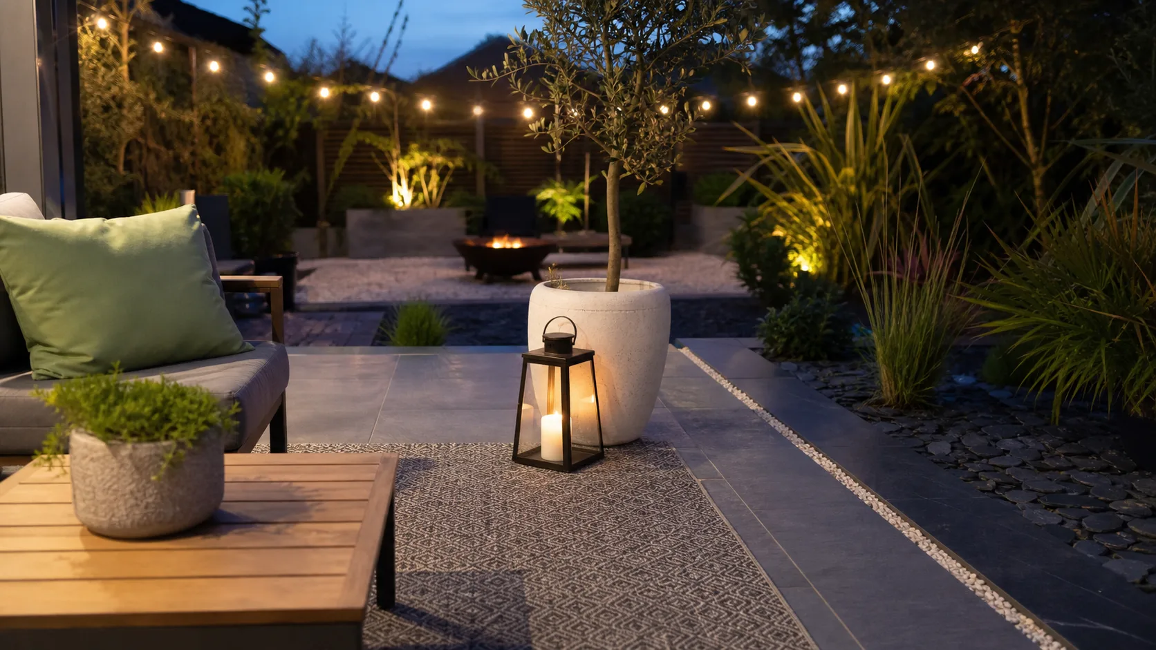 Déco jardin extérieur : terrasse au crépuscule avec éclairage LED et plantes