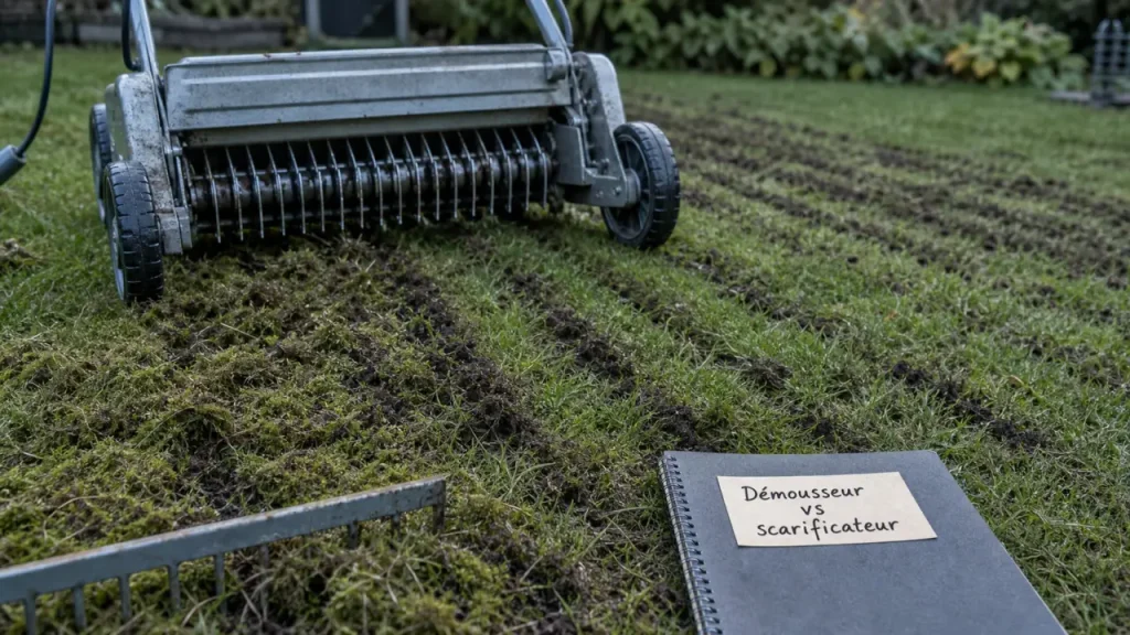 Démousseur ou scarificateur : scarification du feutre sur pelouse