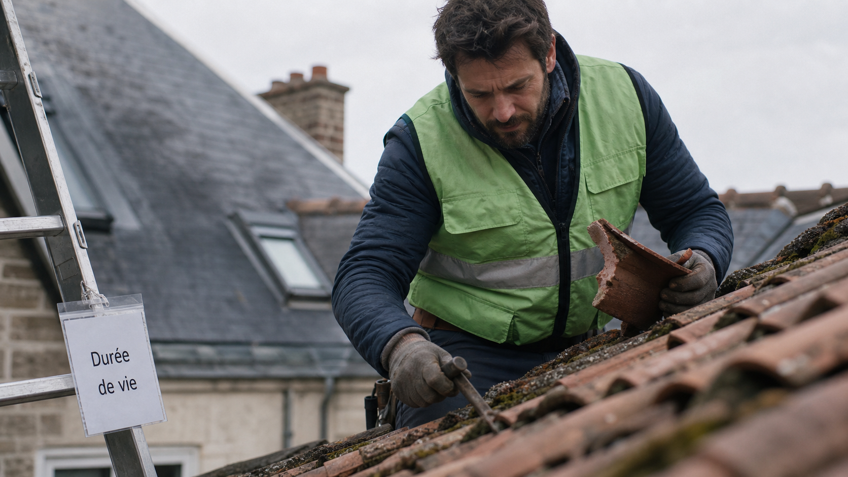 Durée de vie tuiles terre cuite : couvreur inspecte la toiture