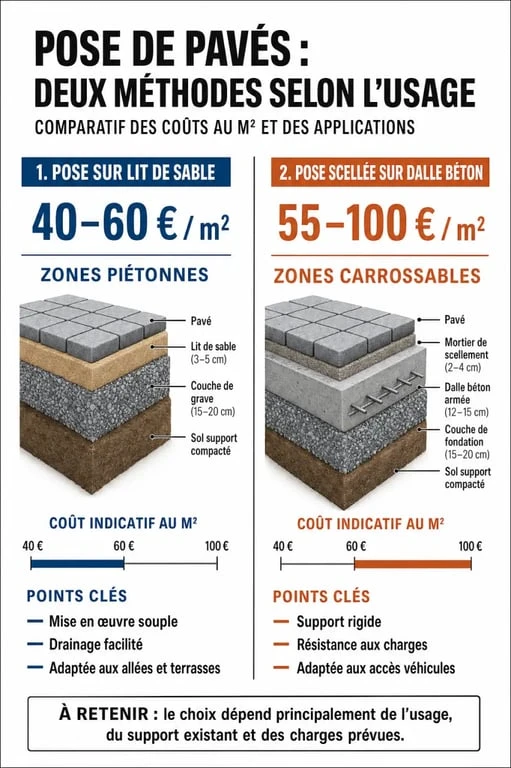 Comparatif des coûts et méthodes de pose de pavés au m2 sans fourniture