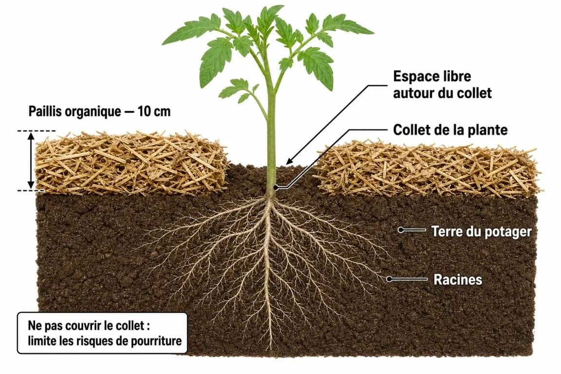 Schéma explicatif du paillage au potager : épaisseur idéale et protection du collet des légumes