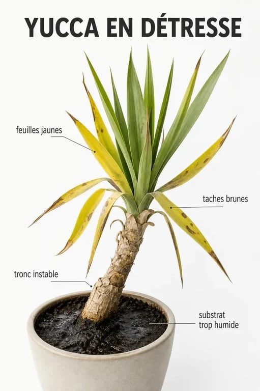 Photo de yucca malade montrant des feuilles jaunes, des taches brunes et un pot trop humide