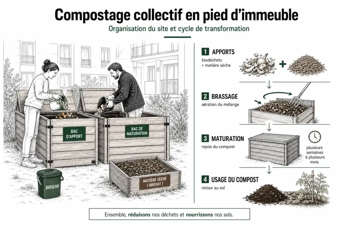Compostage collectif : schéma du fonctionnement d’un site partagé en pied d’immeuble