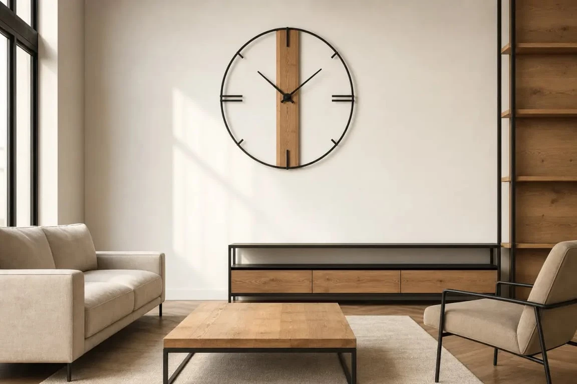 Horloges design dans un salon contemporain chaleureux avec une horloge murale élégante