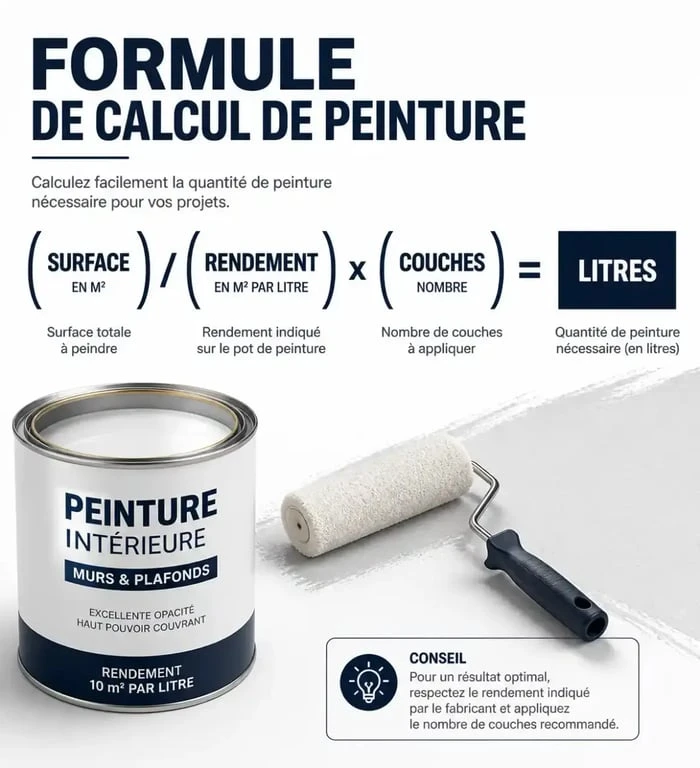 Infographie illustrant le calcul de la quantité de peinture nécessaire pour 100m2