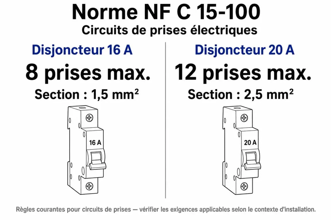Tableau récapitulatif du nombre de prises par disjoncteur selon la norme NF C 15-100