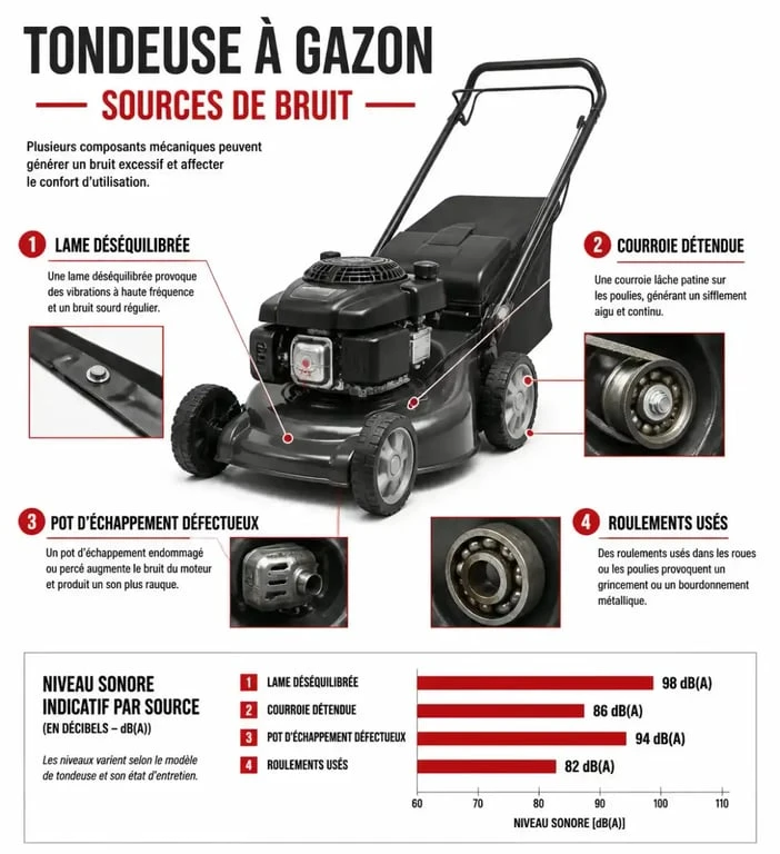Schéma des causes de bruit anormal sur une tondeuse à gazon