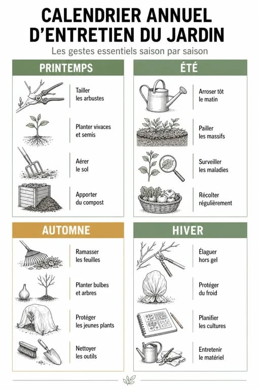 Infographie du calendrier d'entretien du jardin au fil des saisons pour un jardin sain toute l'année