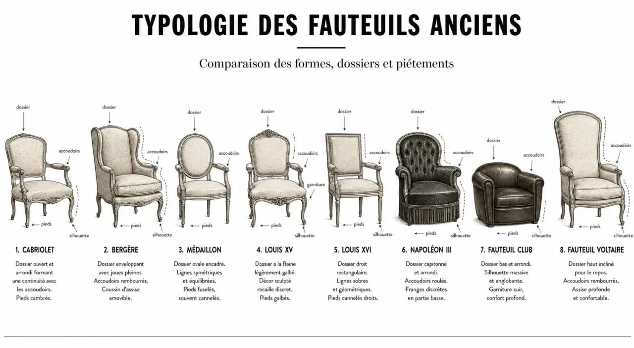 Fauteuil ancien : comparaison visuelle des styles et silhouettes