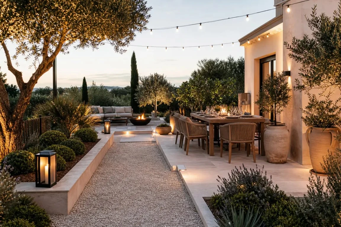 Idée de déco jardin extérieur sur une terrasse élégante avec lumières, pots et bordures minérales