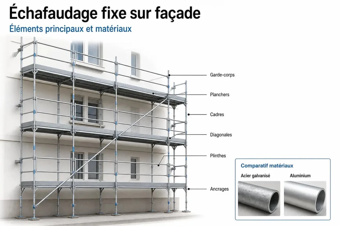 Échafaudage fixe sur façade avec comparaison acier galvanisé et aluminium