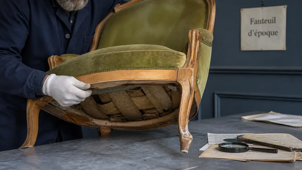 Fauteuil ancien en bois miel, expert compare l’authenticité et les reproductions