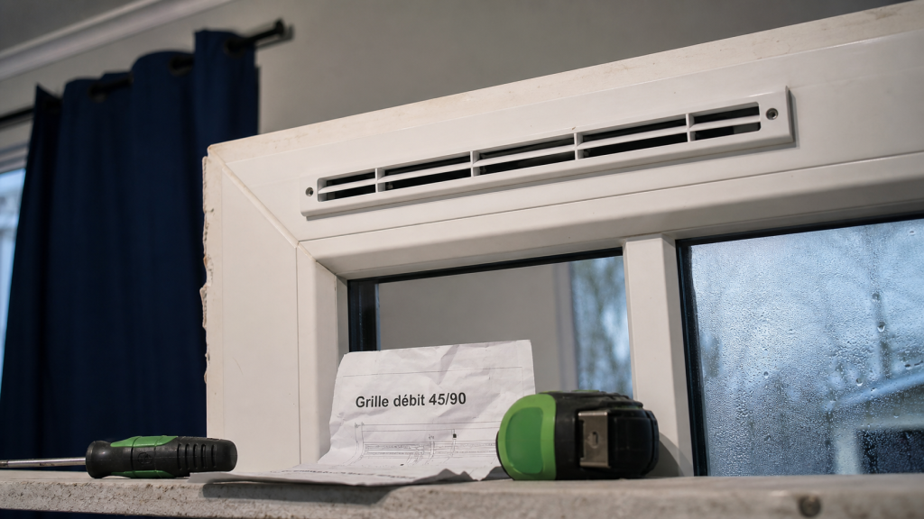 Grille aeration fenetre pvc 45 m³/h en traverse haute
