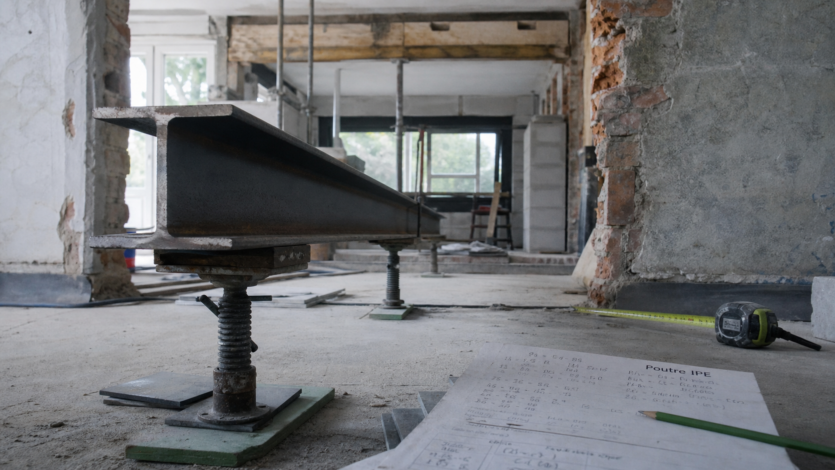 Ipe poutre acier sur chantier, section en I