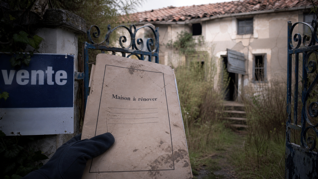 Maison abandonnée à vendre paca, façade provençale à rénover, portail entrouvert