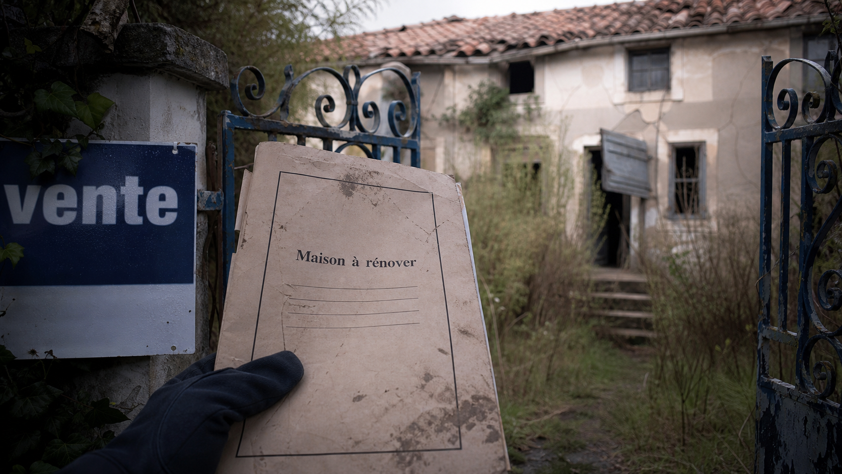 Maison abandonnée à vendre paca, façade provençale à rénover, portail entrouvert
