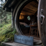 Maison hobbit : porte ronde, lit et coin repas